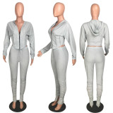 Zip deep V sexy hooded jacket with ruffle trousers two-piece suit HH8941