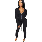 Zip deep V sexy hooded jacket with ruffle trousers two-piece suit HH8941