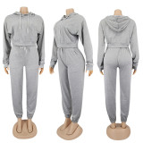 Pure color hooded long-sleeved trousers street casual sports ladies suit KZ175