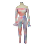 Printed suit see-through sexy mesh tie-dye nightclub two-piece female MY9662