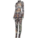 Leaf print cool color Chinese style long-sleeved one-piece trousers casual suit A20534S