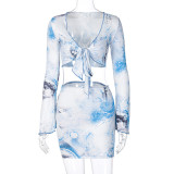 Deep V-tie horn long-sleeved T-shirt and skirt print suit S093046G