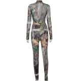 Leaf print cool color Chinese style long-sleeved one-piece trousers casual suit A20534S