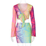 Deep V-tie horn long-sleeved T-shirt and skirt print suit S093046G