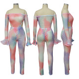 Printed suit see-through sexy mesh tie-dye nightclub two-piece female MY9662