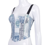 US dollar printed one-shoulder sling strap wrapped chest waist zipper back top A20437T