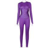 Solid color waist closure front zipper casual jumpsuit A20215J