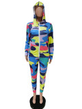 Printed casual two-piece suit with hood F8301