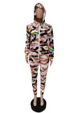 Printed casual two-piece suit with hood F8301