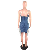 Fashion suspenders denim backpack hip mid-length slim denim skirt JLX6037