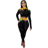 Womens sexy shaping high neck color splash ink casual two-piece suit DN8540