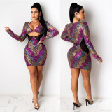 Temperament commuter printing sequined long-sleeved dress nightclub clothes KA7127