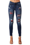 Featured contrast stitching frayed washed jeans D8388