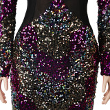 Temperament commuter printing sequined long-sleeved dress nightclub clothes KA7127