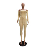 Womens Ribbed Plain Shoulder Long Sleeve Jumpsuit TRS1063