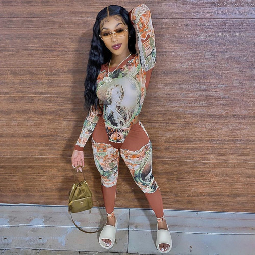 Womens printed one-piece top slim trousers two-piece suit K20S08745