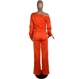 Womens Zipper Long Sleeve Knotted Wide Leg Pants Set R3116
