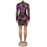 Temperament commuter printing sequined long-sleeved dress nightclub clothes KA7127