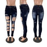 Fashion casual ripped street trend high elastic jeans W8326