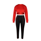 Pure color drop-shoulder sleeves waistless yoga sports long-sleeved trousers two-piece suit QQM4123