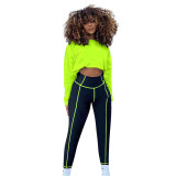 Pure color drop-shoulder sleeves waistless yoga sports long-sleeved trousers two-piece suit QQM4123
