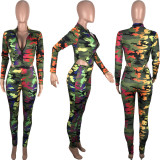 Ladies camouflage long-sleeved cardigan zipper top casual sports two-piece suit MOM5057