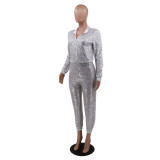 Long Sleeve Top Slim Pencil Pants Sequins Home Party Two-piece Set CCY8749
