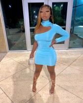 Sexy One Sleeves Women Blue Bodycon Dress FF1038