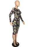 Sexy bag hip round neck long sleeve camouflage jumpsuit LM8196