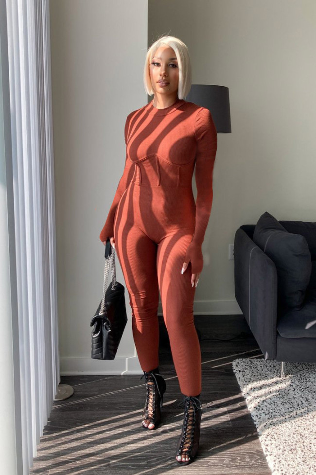Autumn and winter solid color jumpsuits waist hips long sleeves fashion temperament women FF1047