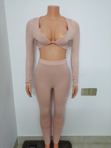 Sexy Solid Color V-Neck Long Sleeves Cropped Top With Trousers Two Piece Set FF1045