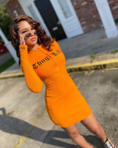 Fashion Letters Printed Long Sleeves Women Knit Bodycon Dress FF1040
