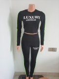 Sports Letter Printed Round Neck Long Sleeves Mini Top With Trousers Two Piece Set FF1042