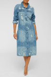 Womens denim long trench coat ripped denim jacket CJ932