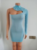Sexy One Sleeves Women Blue Bodycon Dress FF1038