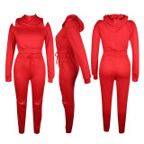 Ladies Falling Shoulder Sleeves Hooded Full Circle Zipper Sweater Set Thickened Sweater Fabric QQM4128