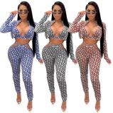 Three-piece set of Womens sexy hollow cut-out printed jacket ZSC0323
