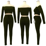 Womens solid color threaded one-shoulder trousers two-piece suit, high crater strip QQM4105