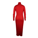 Womens wear solid color long-sleeved high-neck pleated sweat-absorbent dress nightclub skirt long skirt cotton QQM4130