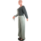 Womens Fashion Stitching Bandage Knotted Sleeve Wide Leg Pants Set BLX7533