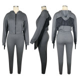 Back tassel wings solid color cotton hooded sweatpants suit two-piece cotton QQM4134
