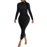Womens wear solid color long-sleeved high-neck pleated sweat-absorbent dress nightclub skirt long skirt cotton QQM4130