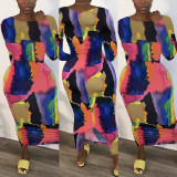 Plus size Womens mid-length fashion print tie-dye pullover round neck split dress YFS3588