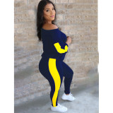 Large size Womens solid color stitching fashion sports and leisure reflective strip suit YFS3585