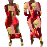 Plus size Womens mid-length fashion print tie-dye pullover round neck split dress YFS3588