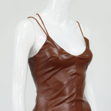 Sexy V-neck exposed backpack hip slit sling leather skirt mid-length skirt dress women SUM2575A