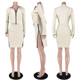 Nightclub pit striped fabric double zipper flared sleeve slit skirt suit GL6308