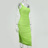 Sexy fashion folds split one-shoulder strap mid-skirt Womens summer dress SUM2482A