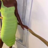 Sexy fashion folds split one-shoulder strap mid-skirt Womens summer dress SUM2482A