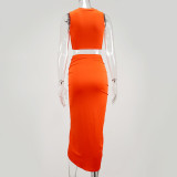 Fashion Womens solid color short vest pleated split long skirt two-piece suit SUM2440X